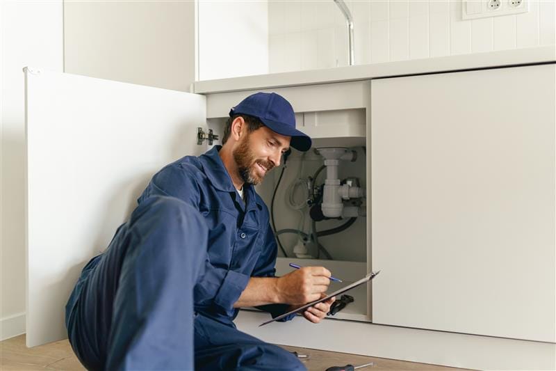 Residential plumber reviewing plumbing repairs in a Gibsonton kitchen